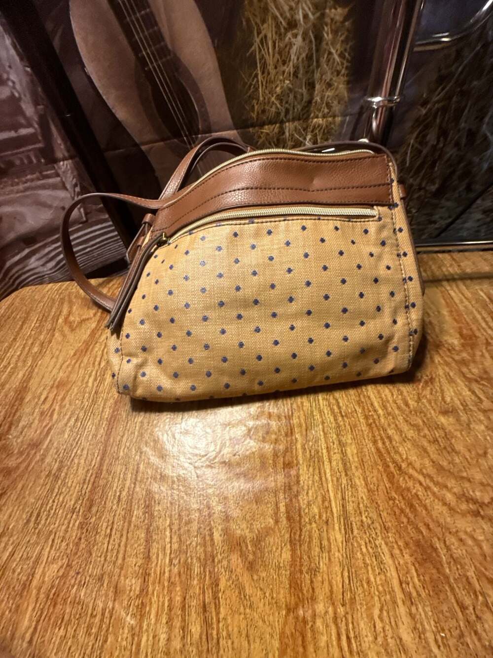 Fossil Canvas and Leather Crossbody Bag with Polka Dot Lattice Pattern